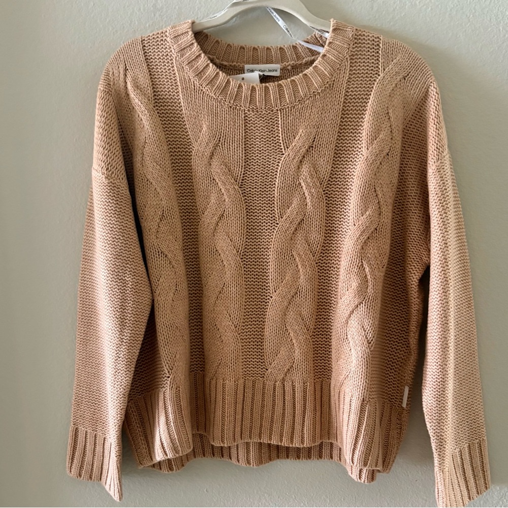 CALVIN KLEIN‎ Oversized Crew Neck Cable Knit Sweater | Wheat Heather | Size L